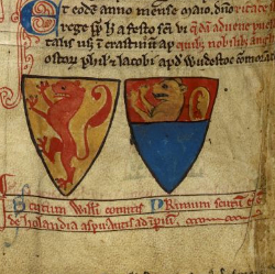 Willem II van Holland heraldisch verbeeld als graaf van Holland (links) en graaf van Zeeland (rechts). Uit: Matthew Paris, Historia anglorum. Londen, British Library, ms. Royal MS 14 C VII f. 141v.