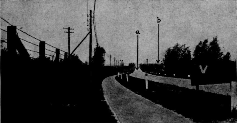 Afb. l. Gezicht op den kunstweg Keizersveer-Geertruidenberg bij de kazemat Z. van de brug a = aspergeversperring. b = houtrand West van en evenwijdig aan den kunstweg.