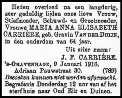 Overlijdensadvertentie Maria Anna Elisabeth Carrière 1878-1916