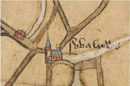 Kerk te Hooge Zwaluwe, afgebeeld op een kopie van een kaart uit 1560. Afbeelding is een detail van deze manuscriptkaart. In 1641 kreeg Hooge en Lage Zwaluwe een nieuw Nederlands Hervormd kerkgebouw. De oude van oorsprong rooms-katholieke kerk bevond zich toentertijd in zo’n vervallen staat dat in 1639 tot afbraak besloten was. De kerk stond in Hooge Zwaluwe waar in die tijd ook de gemeenteleden uit Lage Zwaluwe te kerk gingen. Het kaartje laat zien dat de oude katholieke kerk op dezelfde plaats stond als de huidige protestantse kerk. Of de oude kerk er ook uitzag zoals op het kaartje werd afgebeeld is onzeker. Dit soort afbeeldingen op oude manuscriptkaarten zijn niet altijd waarheidsgetrouw. (bron: NA, Kaartcollectie Binnenland Hingman, VTH-1896B)