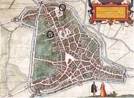 Plaatsen waar het broederklooster Porta Coeli (bovenste cirkel) en het klooster van de zusters van Orthen (cirkel daaronder) ooit stonden. Op deze kaart uit circa 1588 is links ongeveer het Noorden. 34 (bron: http://www.bossche-encyclopedie.nl/cartografie/plattegronden.htm)