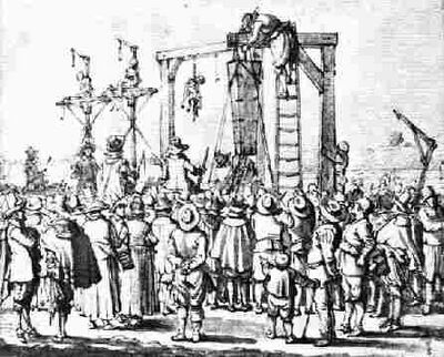 Detail uit een tekening van E. v.d. Velde (1619) voorstellende het galgeveld aan de Trekvliet tussen Den Haag en Rijswijk