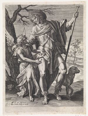 De heilige Rochus met links van hem een engel en rechts van hem een hond. (Johann Sadeler, 1560-1586, Rijksmuseum Amsterdam)