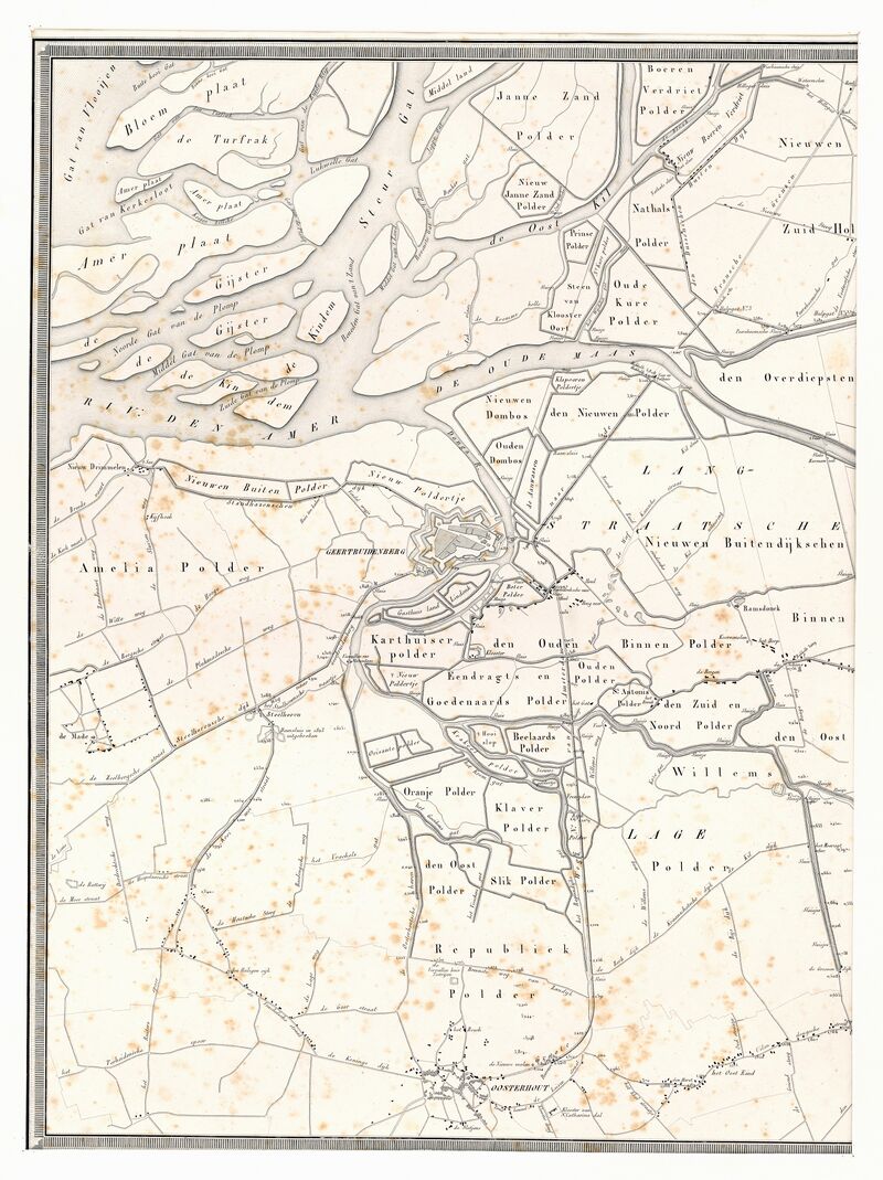 Eerste blad van een vierbladige kaart van het gebied tussen 's-Hertogenbosch en Geertruidenberg. Linksboven Gat van Vlooijen, middenrechts Raamsdonk, middenonder Oosterhout, middenlinks Made., 1827-1828 - Bijlage La.K. Behoort bij het Rapport der Rivier kommissie do. 13 September 1825. Kaart der Situatie van het terrein tusschen 's- Hertogenbosch en het zoogenaamde Bergsche veld beneden Geertruidenberg/ Dir: der Milit: Verkenningen. - Auteur: Gorkum, J.E. van: [Paulmier, L.A.: Onties, A.]