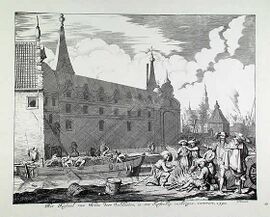 Het lossen van het schip aan de noordzijde van het kasteel (prent van Jan Luyken)