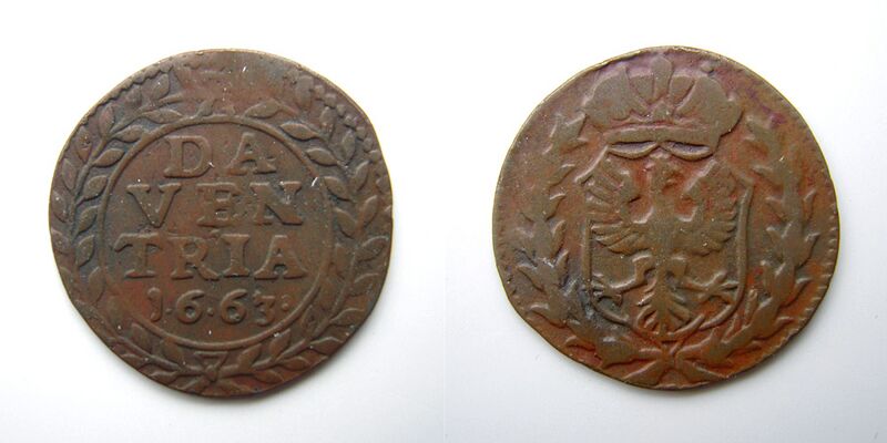 Bestand:Duit, koper, Stad Deventer 1663.jpg